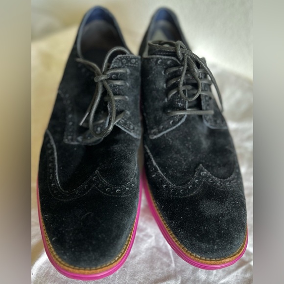 COLE HAAN Mens Lunargrand Pink Black Genuine Leather Suede Wingtip Shoes Sz 11.5 - Picture 6 of 8